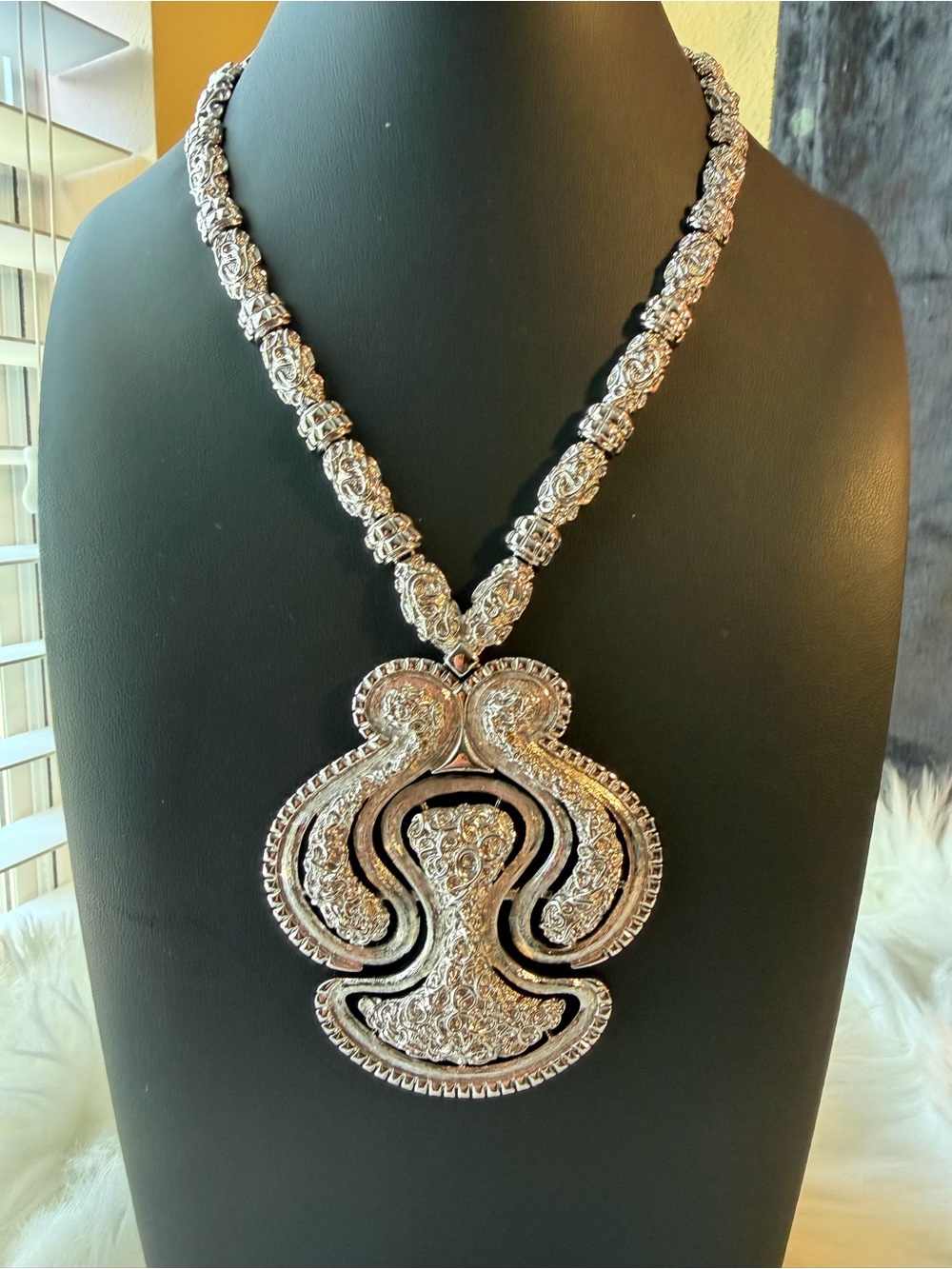 Vintage Runway Monet Silver-Tone Statement Articulated Pendant Necklace -